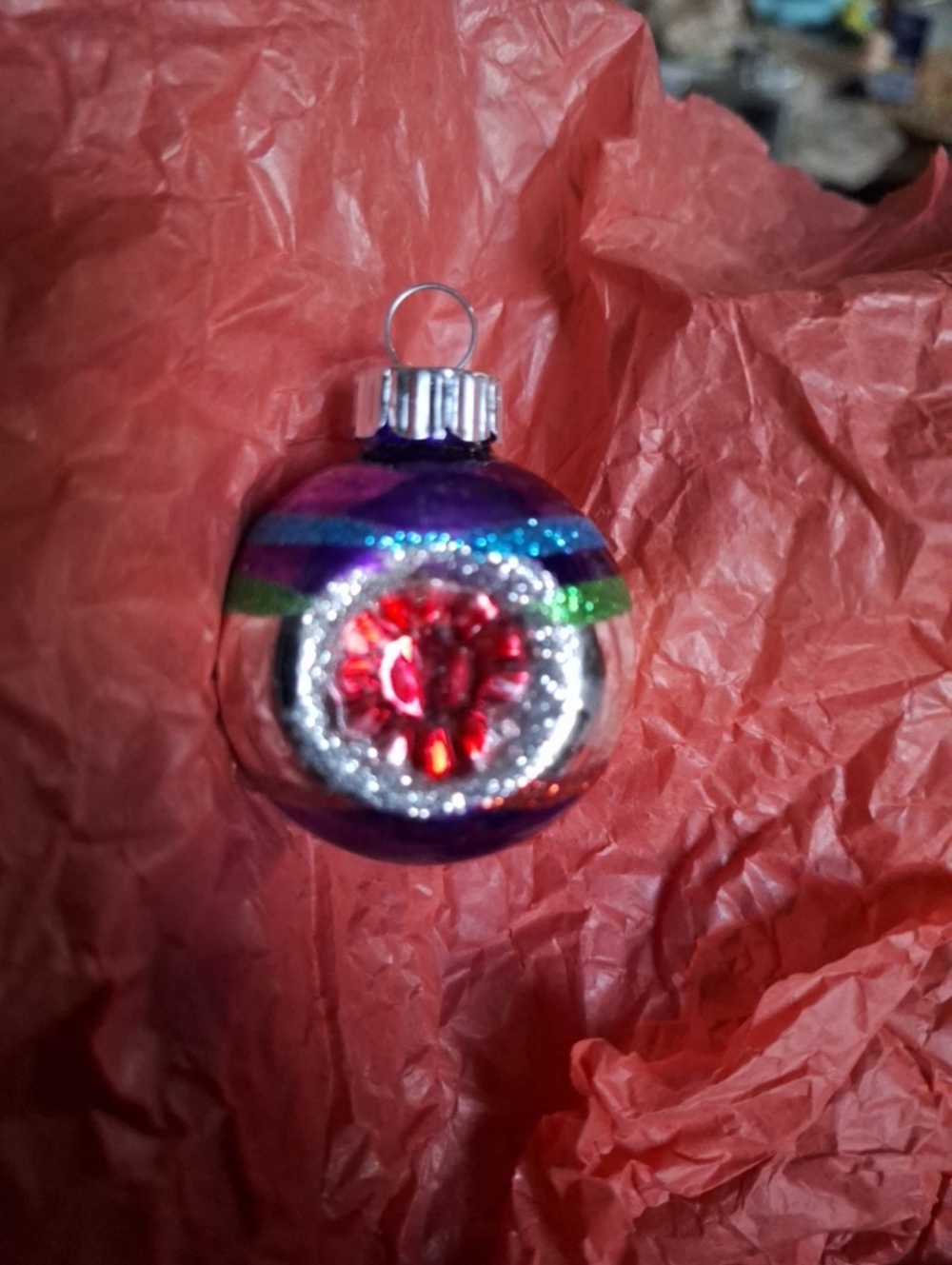 Radco Shiny Brite Multicolor Glass Holiday Ornament with Red Center